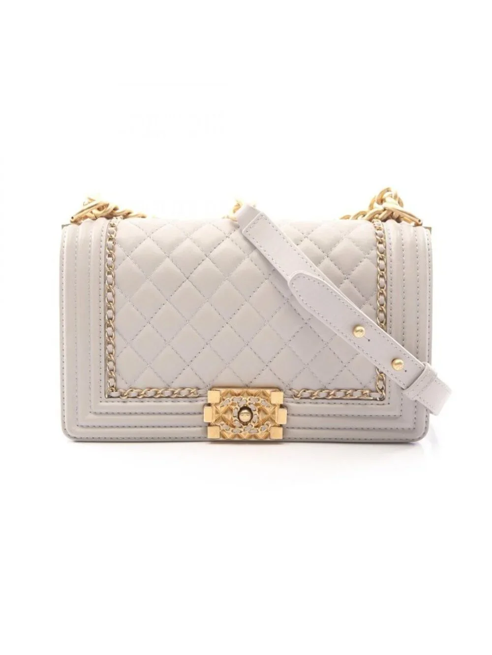 Chanel Shoulder Bag Boy Light Gray Lambskin Boy 19 Chain